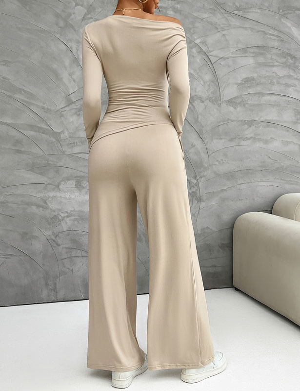 Khaki Slim Long Sleeve Top and Wide Leg Pants Set