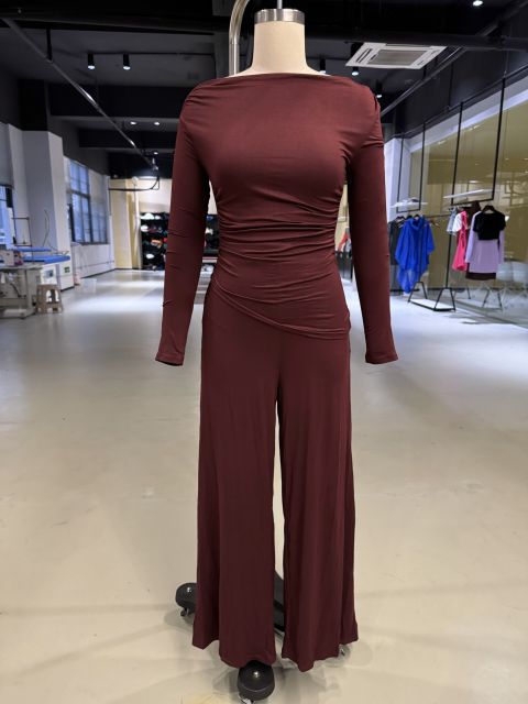 Burgundy Slim Long Sleeve Top and Wide Leg Pants Set