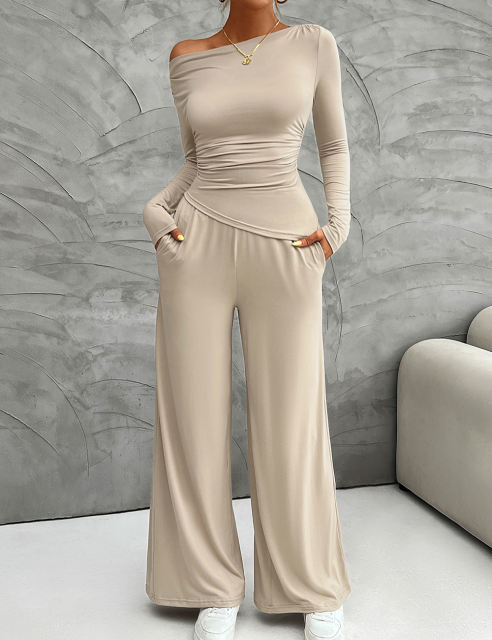 Khaki Slim Long Sleeve Top and Wide Leg Pants Set