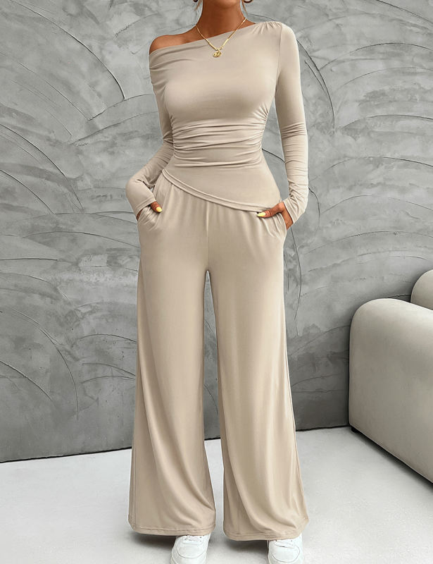 Khaki Slim Long Sleeve Top and Wide Leg Pants Set