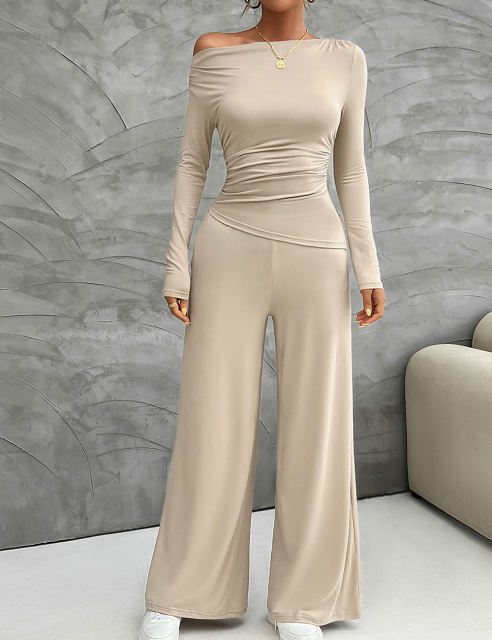Khaki Slim Long Sleeve Top and Wide Leg Pants Set