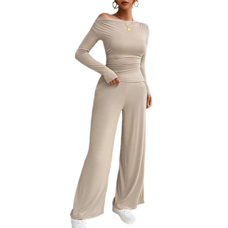 Khaki Slim Long Sleeve Top and Wide Leg Pants Set