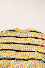 Beige Striped Pom Pom Knit Open Front Long Cardigan