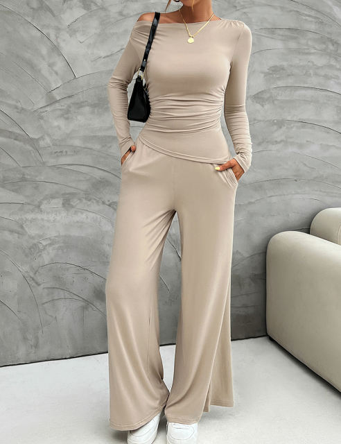 Khaki Slim Long Sleeve Top and Wide Leg Pants Set