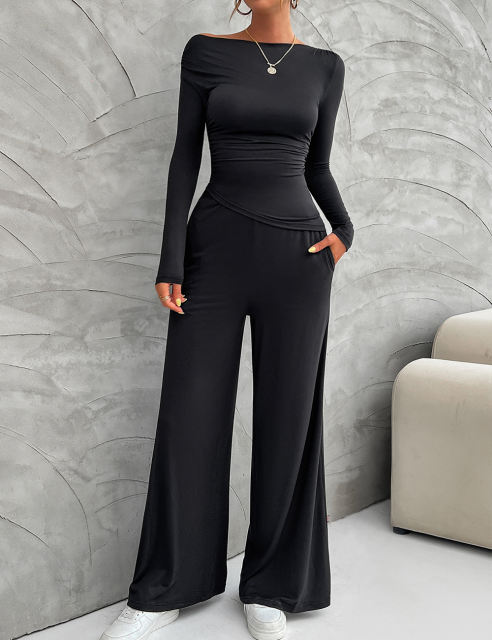 Black Slim Long Sleeve Top and Wide Leg Pants Set