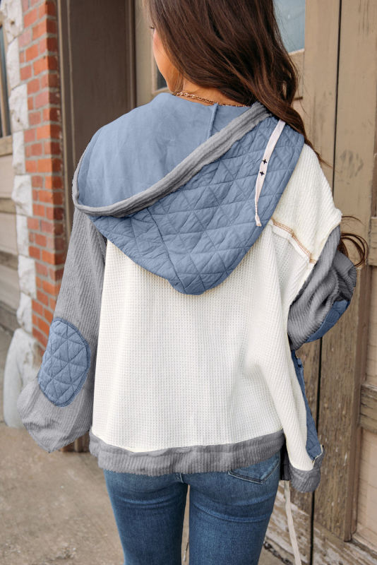 Light Blue Quilted Textured Patchwork Loose Fit Hooded Jacket