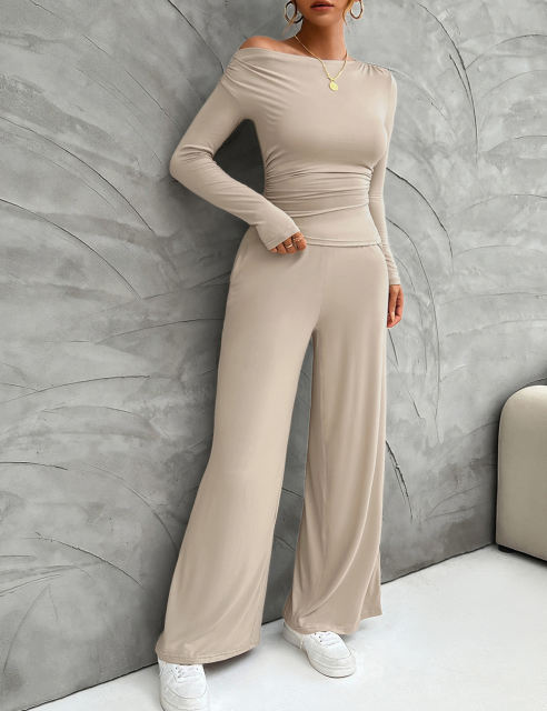 Khaki Slim Long Sleeve Top and Wide Leg Pants Set