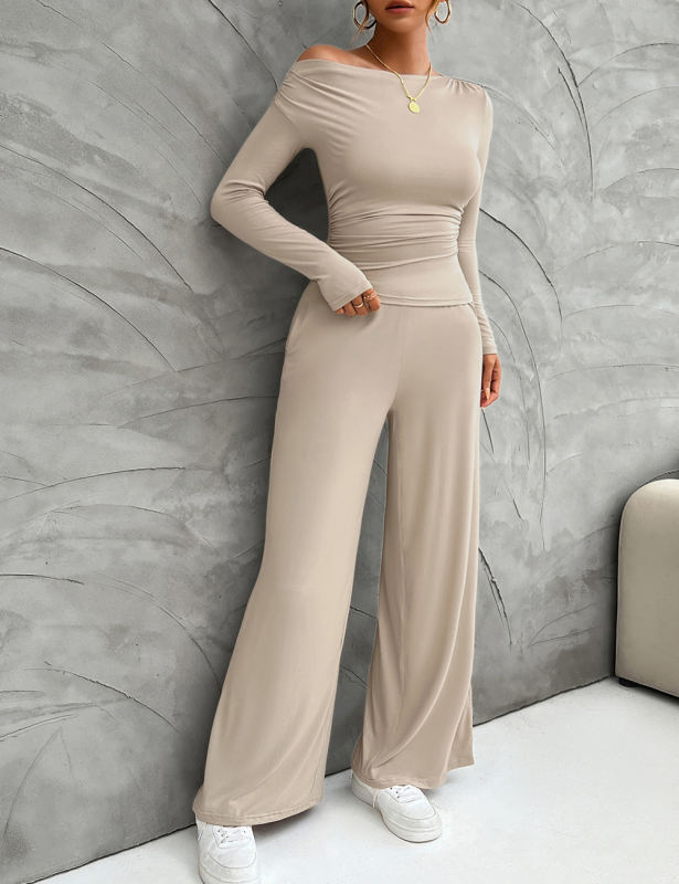 Khaki Slim Long Sleeve Top and Wide Leg Pants Set