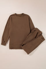 Coffee Solid Color High Low Pullover and Skinny Pants Set
