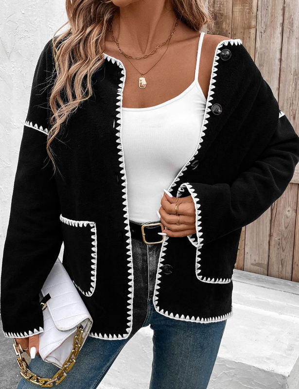 Black Contrast Loose Fit Buttoned Jacket with Pockets