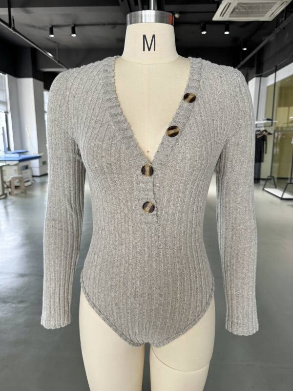 Khaki Ribbed Buttoned V Neck Long Sleeve Bodysuit