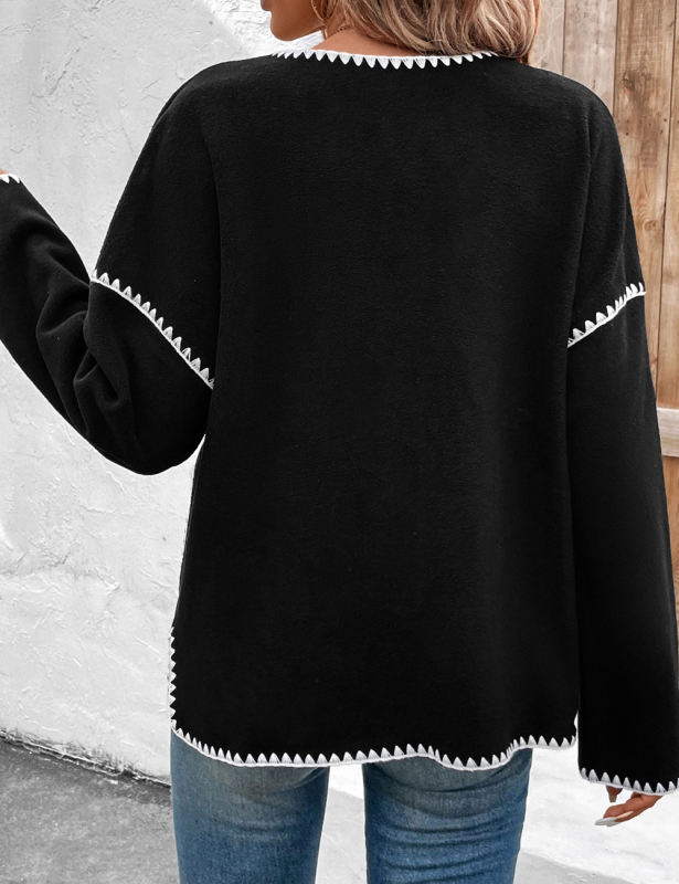 Black Contrast Loose Fit Buttoned Jacket with Pockets