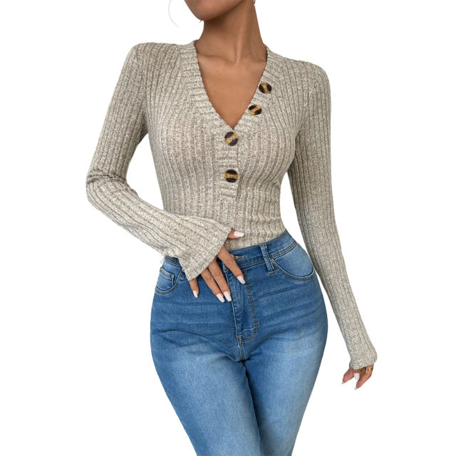 Khaki Ribbed Buttoned V Neck Long Sleeve Bodysuit