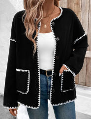 Black Contrast Loose Fit Buttoned Jacket with Pockets