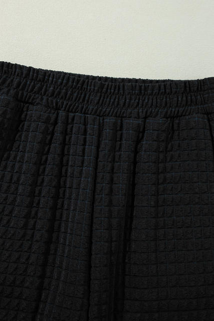 Color black Textured Knit Cap Sleeve T Shirt and Wide Leg Pants Set