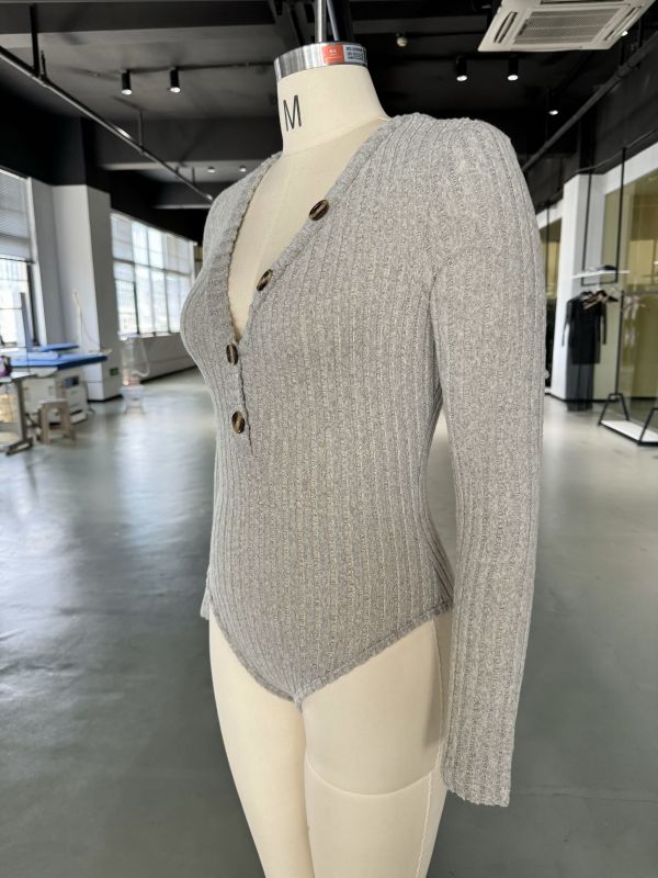 Khaki Ribbed Buttoned V Neck Long Sleeve Bodysuit