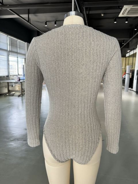 Khaki Ribbed Buttoned V Neck Long Sleeve Bodysuit