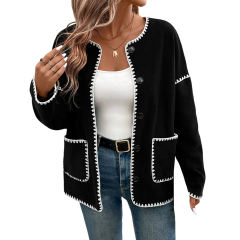 Black Contrast Loose Fit Buttoned Jacket with Pockets