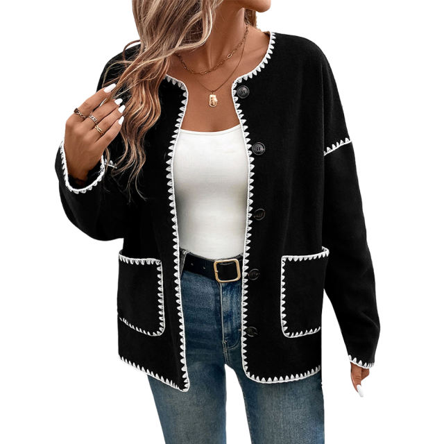 Black Contrast Loose Fit Buttoned Jacket with Pockets