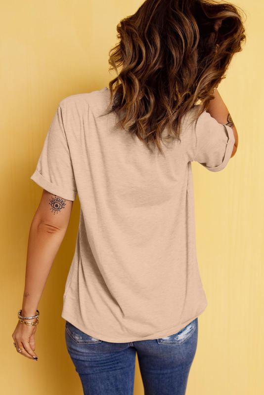 Khaki Heat Transfer Printing Thanksgiving Turkey Print Round Neck T Shirt