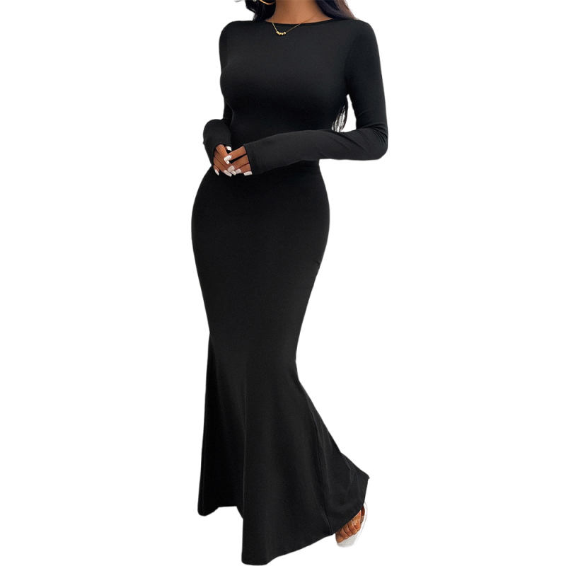 Black Ruched Detail Open Back Slim Fit Maxi Dress