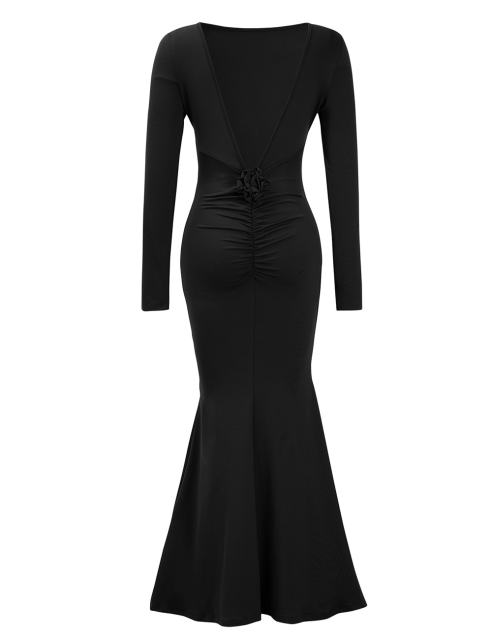 Black Ruched Detail Open Back Slim Fit Maxi Dress