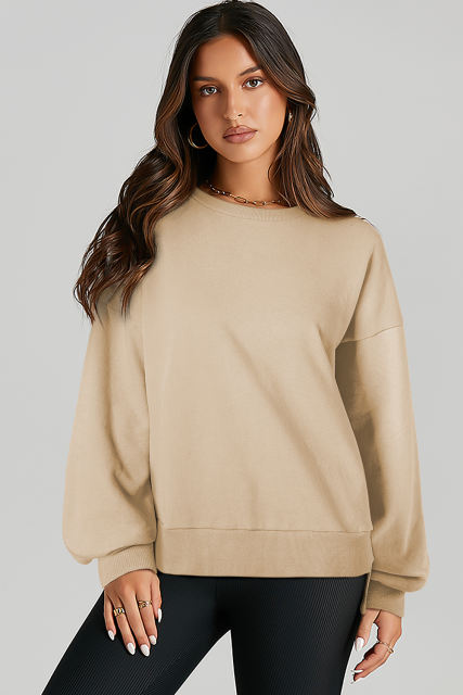 Parchment Solid O Neck High Low Hem Pullover Sweatshirt