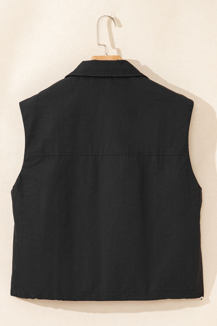 Black Flap Pockets Zip Up High Neck Vest