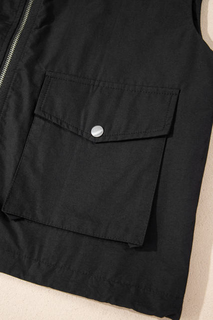 Black Flap Pockets Zip Up High Neck Vest