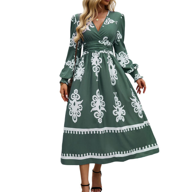 Army Green Western Geometric Print V Neck High Waist Dress