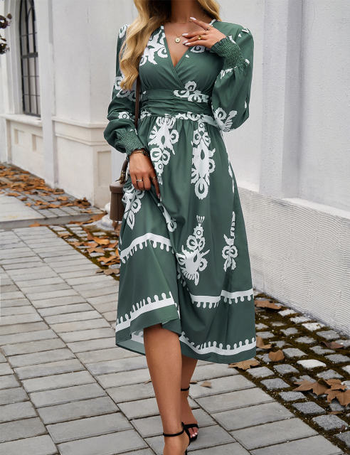 Army Green Western Geometric Print V Neck High Waist Dress