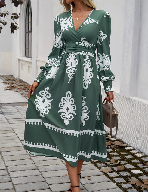 Army Green Western Geometric Print V Neck High Waist Dress
