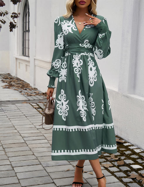 Army Green Western Geometric Print V Neck High Waist Dress