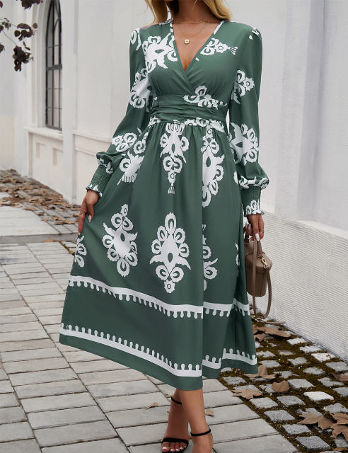 Army Green Western Geometric Print V Neck High Waist Dress