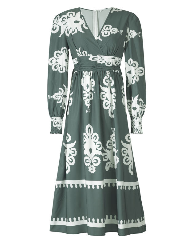 Army Green Western Geometric Print V Neck High Waist Dress