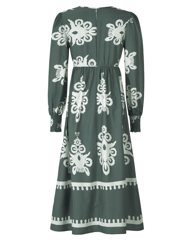 Army Green Western Geometric Print V Neck High Waist Dress
