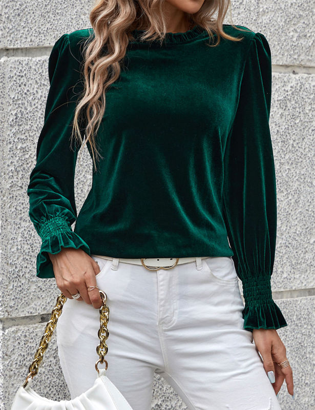 Dark Green Frilled Neck Pleated Cuffs Velvet Top