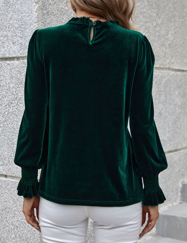 Dark Green Frilled Neck Pleated Cuffs Velvet Top