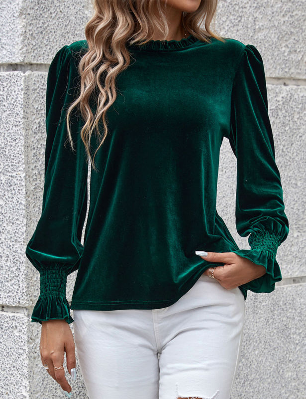 Dark Green Frilled Neck Pleated Cuffs Velvet Top