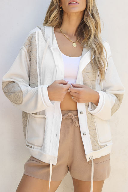 Beige Quilted Textured Patchwork Loose Fit Hooded Jacket