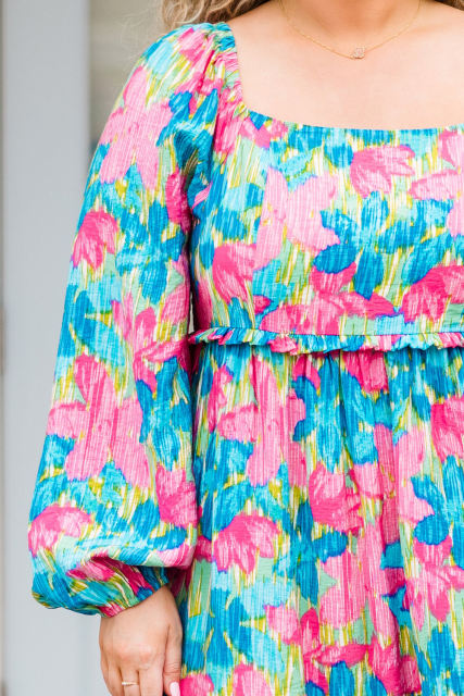 Sky Blue Floral Allover Print Shirred Square Neck Plus Size Maxi Dress