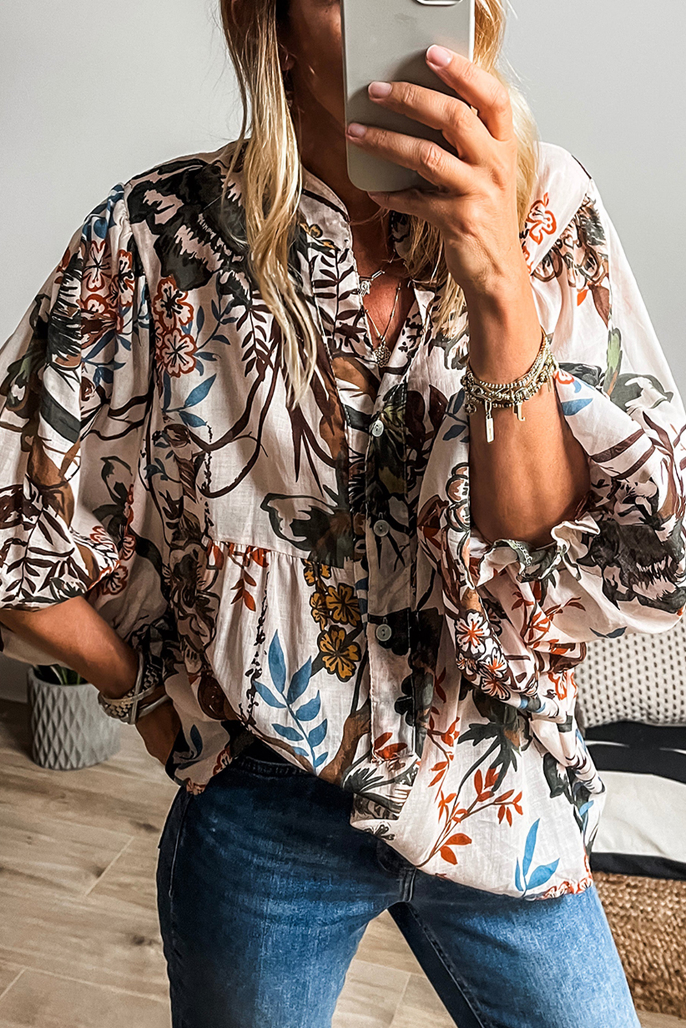 White With Flower Print Casual Long Sleeve Shirt 44097