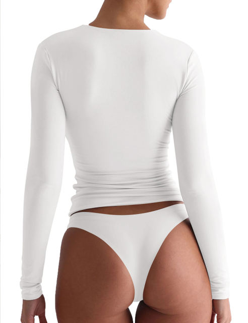White Solid Zip Up Nylon Slim Long Sleeve Top