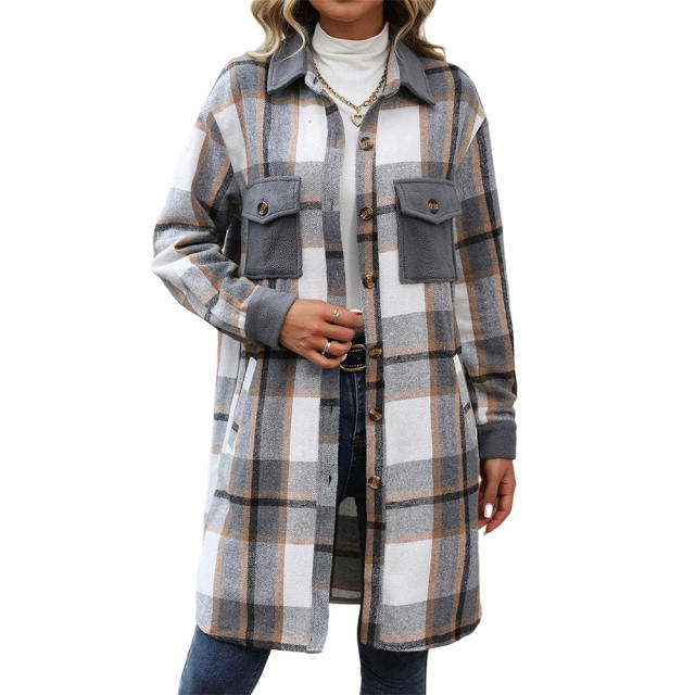 Gray Plaid Print Patchwork Pocketed Long Shacket