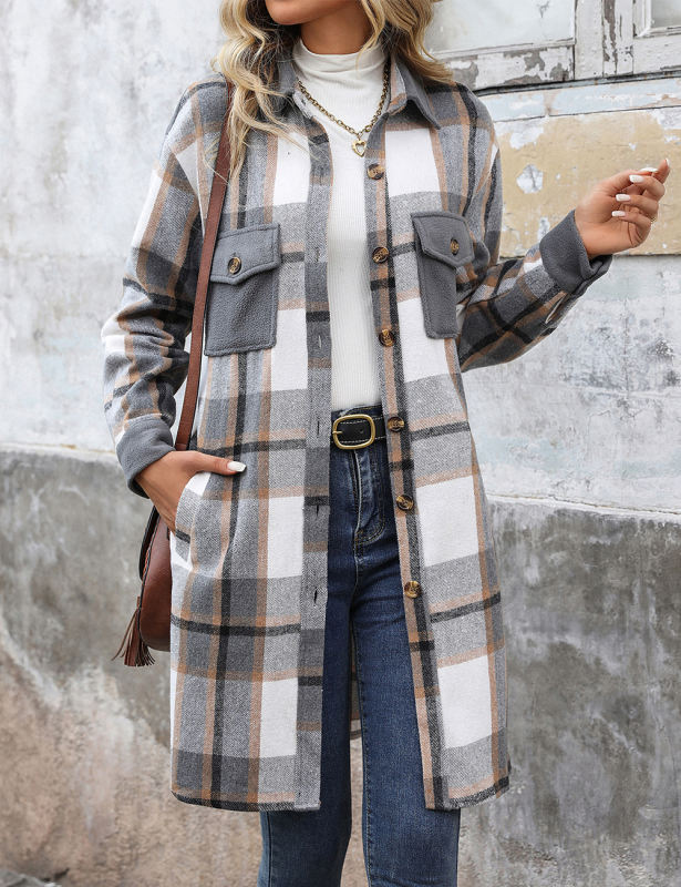 Gray Plaid Print Patchwork Pocketed Long Shacket