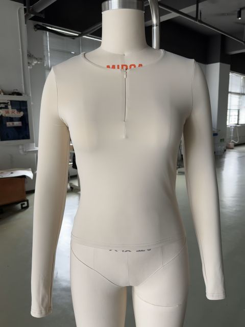Apricot Solid Zip Up Nylon Slim Long Sleeve Top