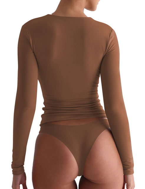 Coffee Solid Zip Up Nylon Slim Long Sleeve Top