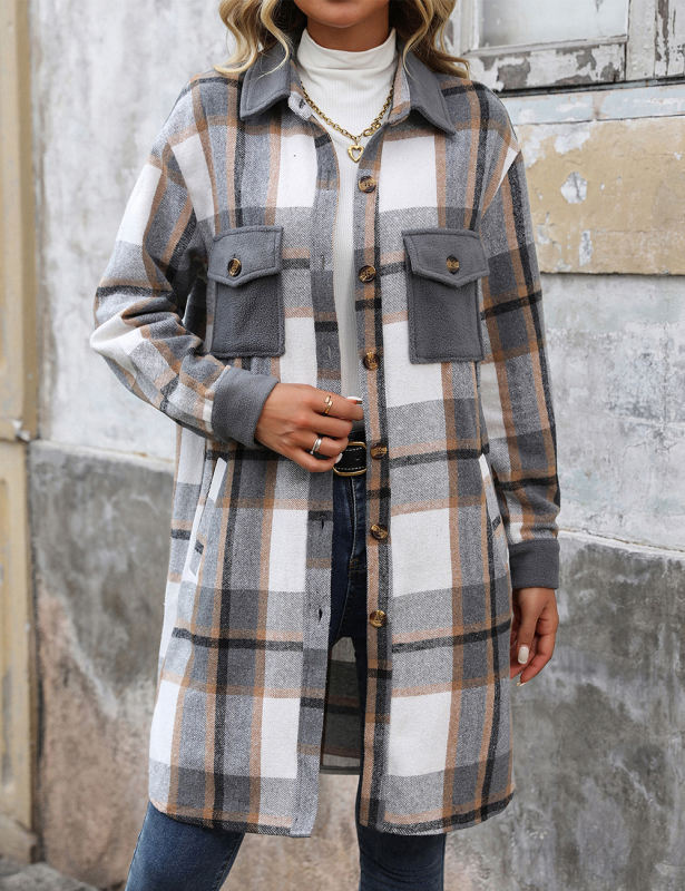 Gray Plaid Print Patchwork Pocketed Long Shacket