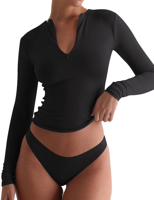 Black Solid Zip Up Nylon Slim Long Sleeve Top