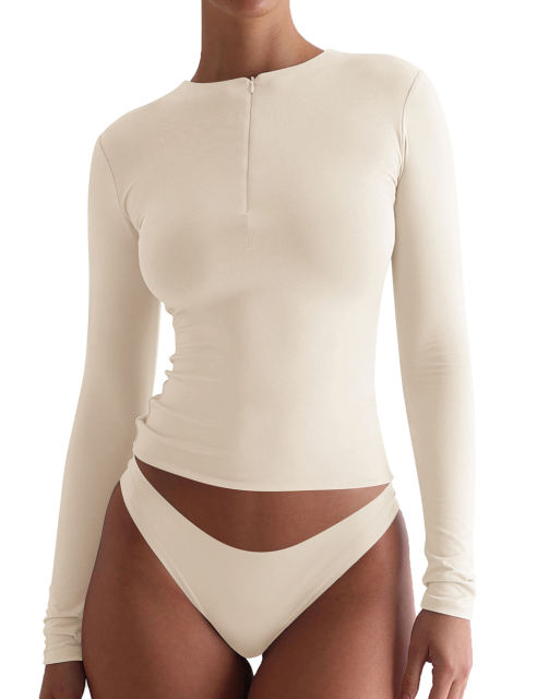 Apricot Solid Zip Up Nylon Slim Long Sleeve Top